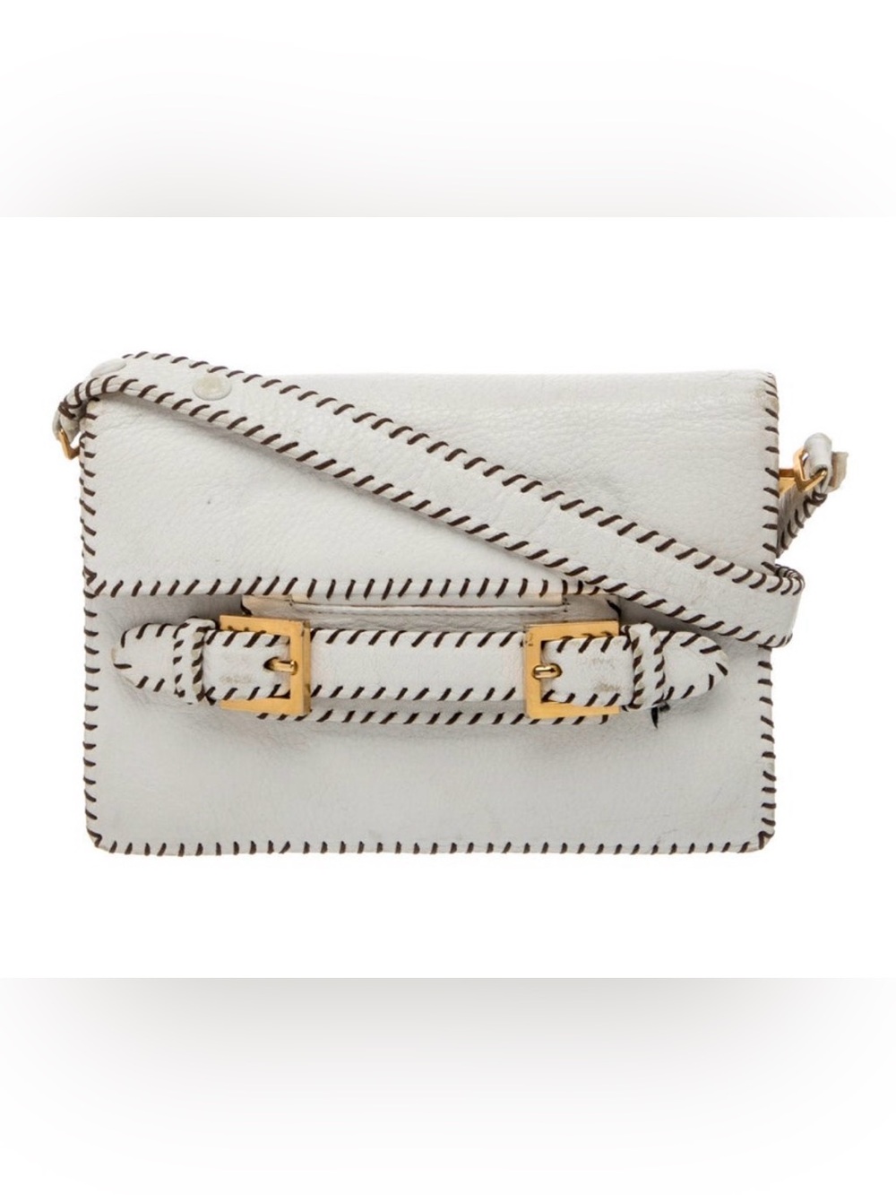 Fendi baguette style Selleria Leather Whipstitch adjustable strap Bag White